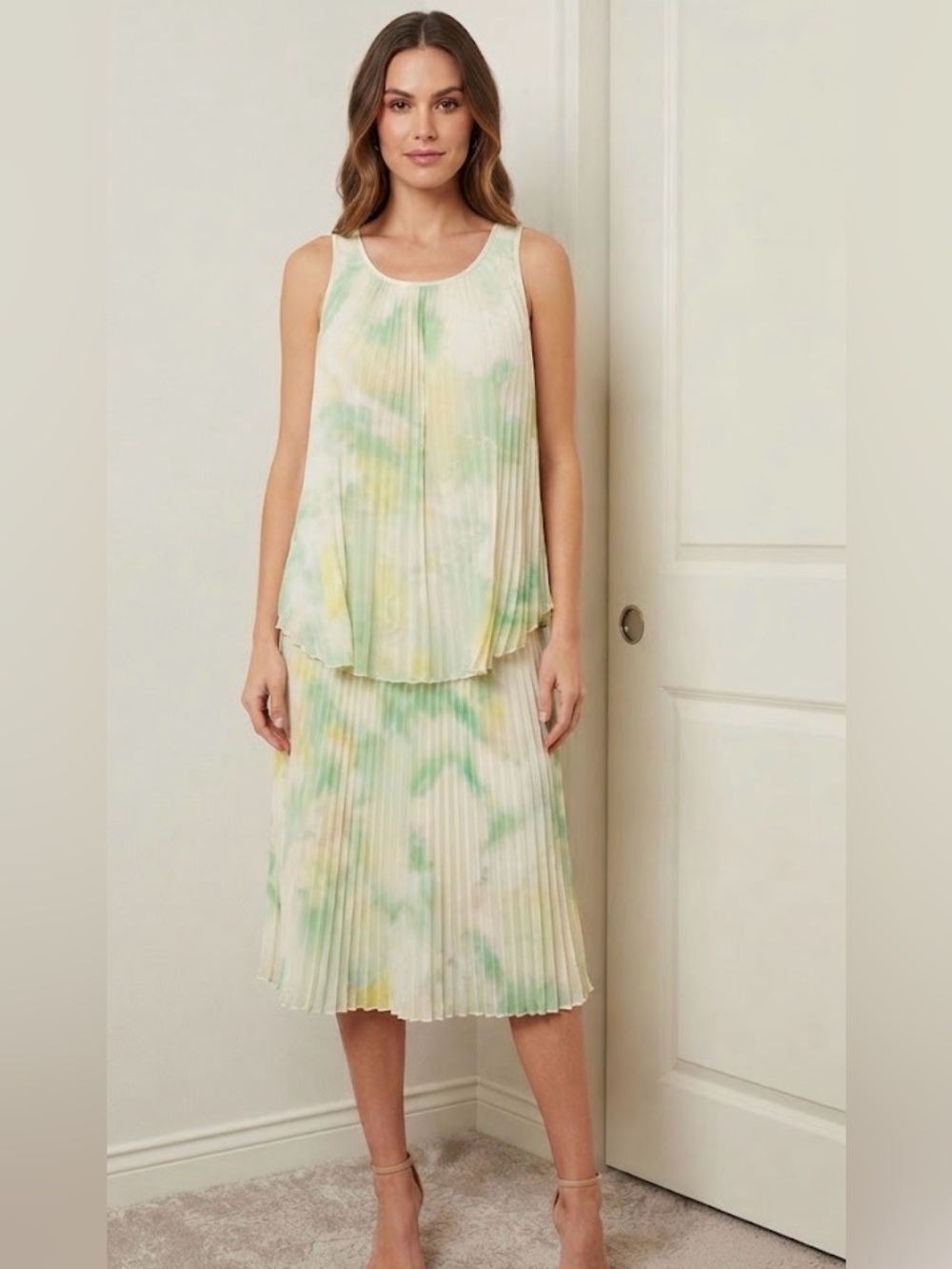 monaco Pleated Watercolor Midi Dress in Soft Green and Cream